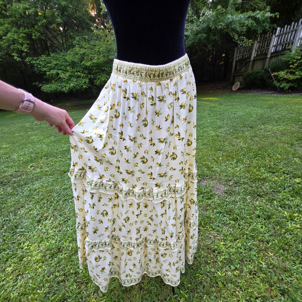 Max Studio London Lemon Print Yellow Womens Large Maxi Skirt Tiered Boho Summer